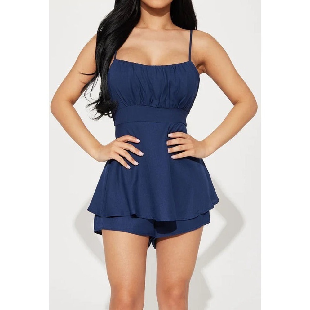 Fashion Nova Women's Laura Linen Sleeveless Shorts Romper - Navy Blue - Small